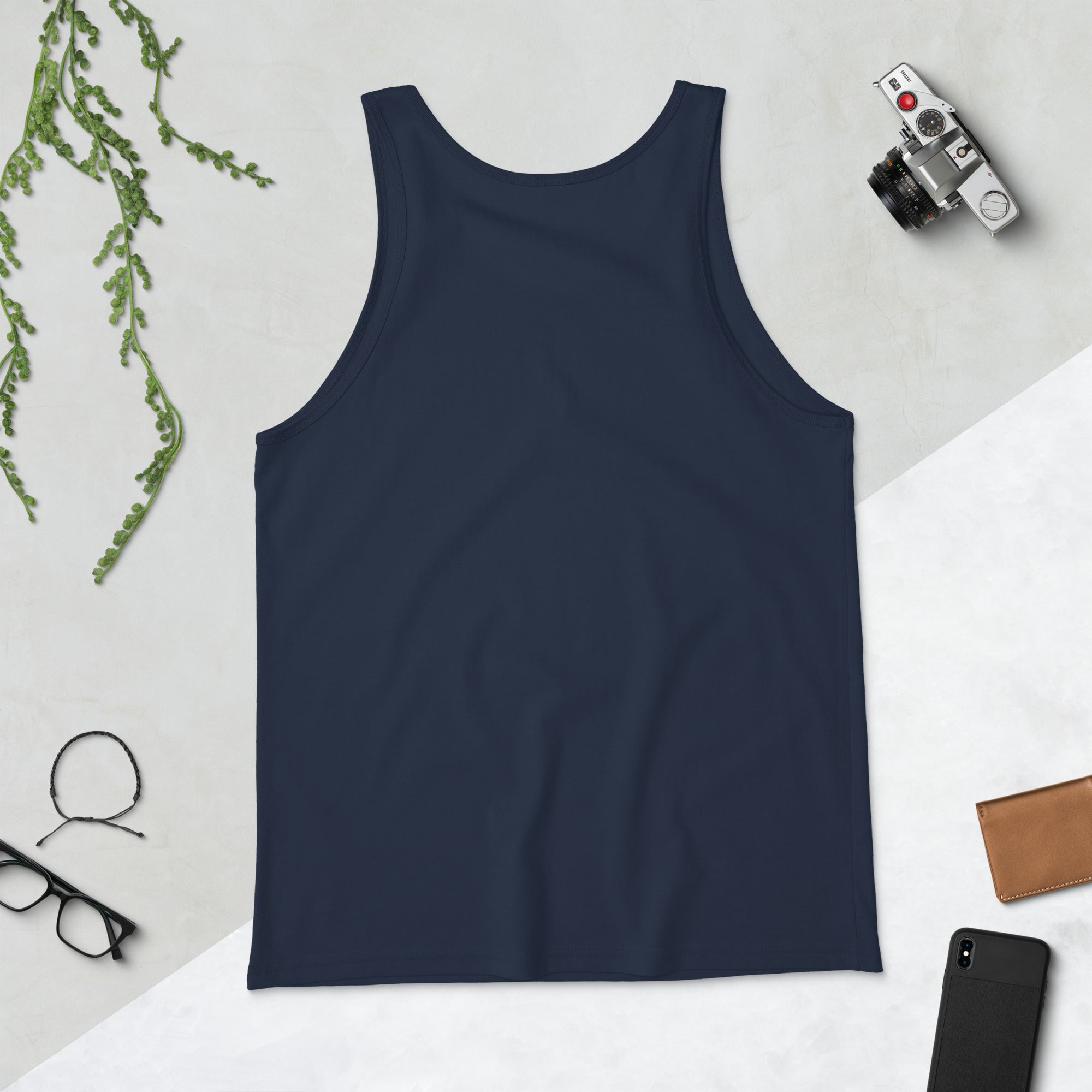 Navy sleeveless tank top with crew-style scoop neck