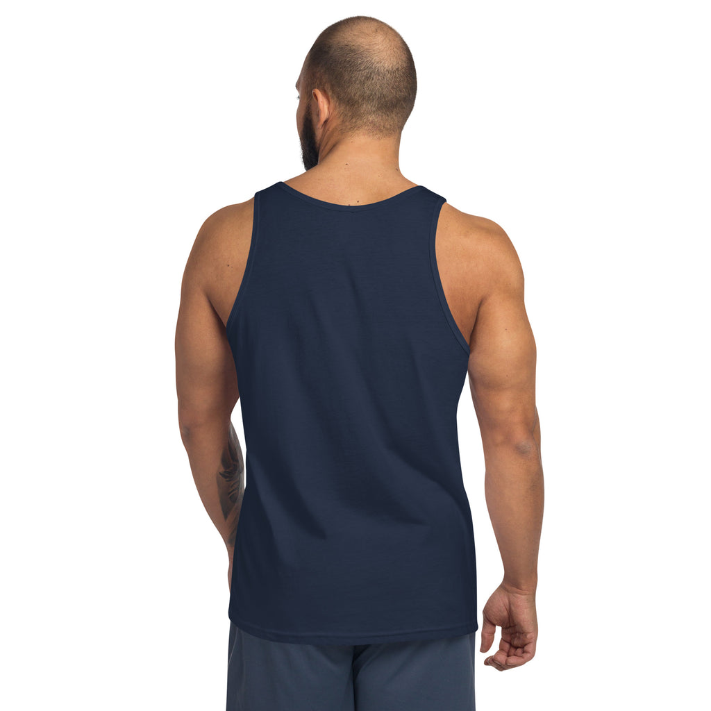 American Bee tank top, navy blue, racerback style, back view