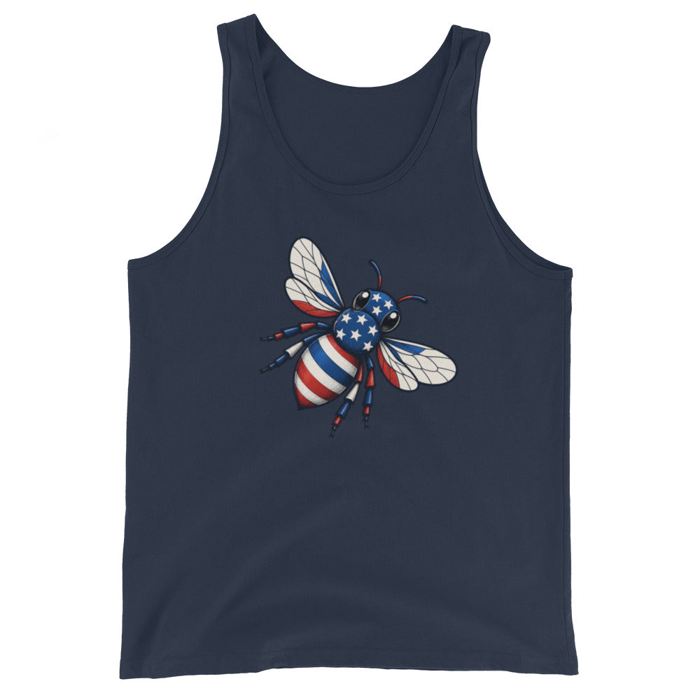 American Bee tank top in navy with scoop neck and patriotic bee graphic