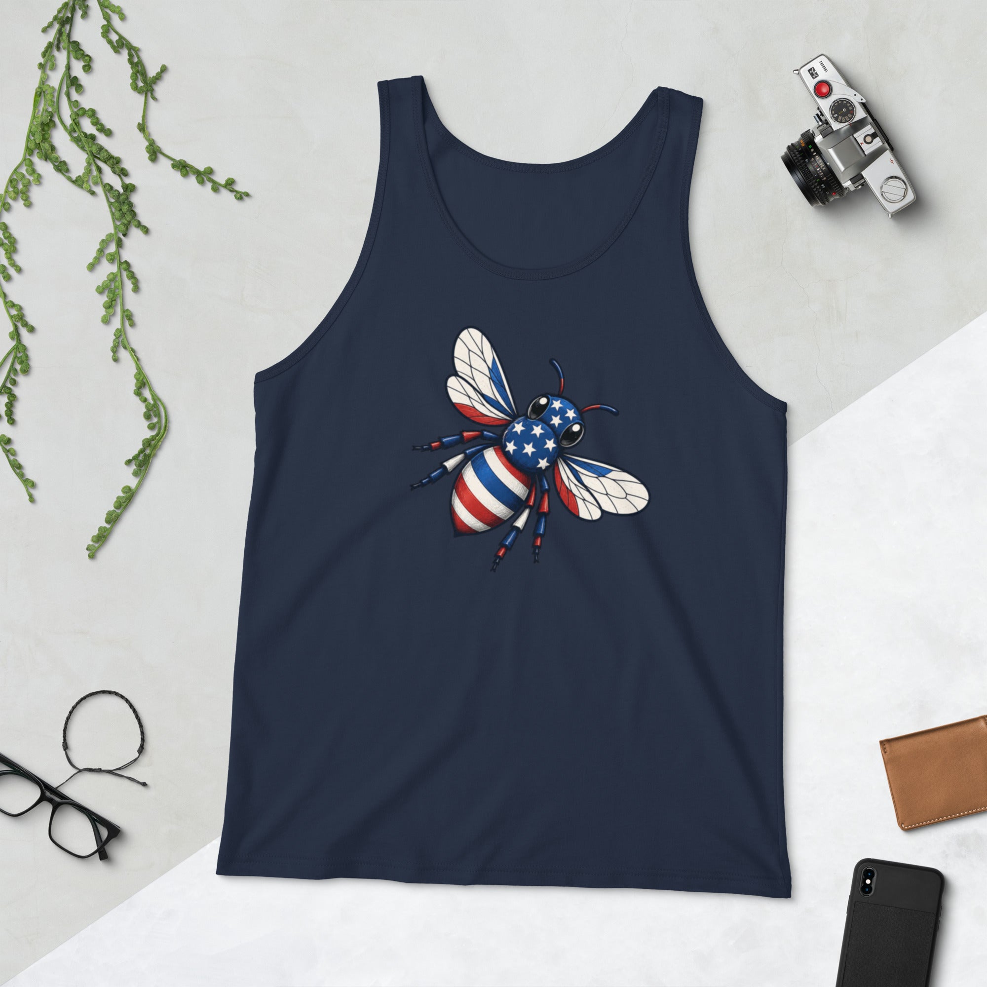 Navy sleeveless tank top with scoop neck and American flag bee graphic