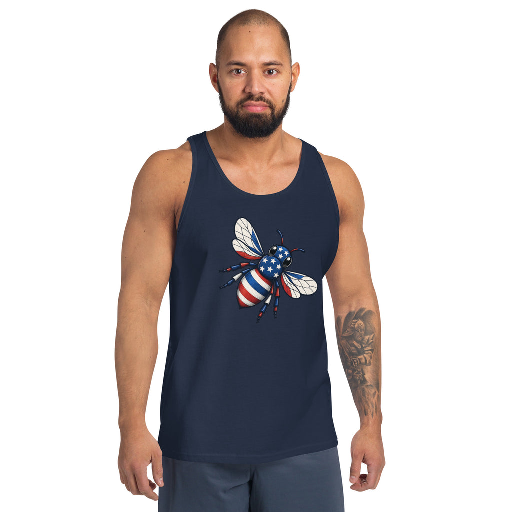 Navy tank top with patriotic bee graphic on the front