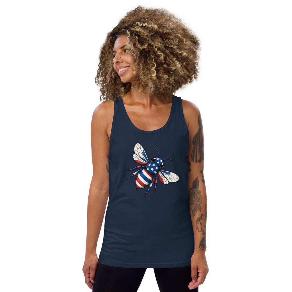 American Bee tank top, navy blue, front graphic with bee and flag details