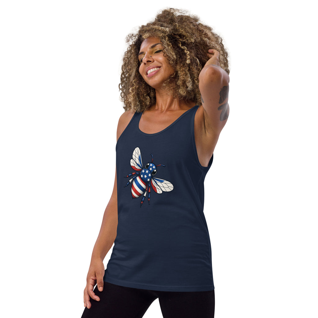 Navy sleeveless tank top with American flag bee graphic at center chest
