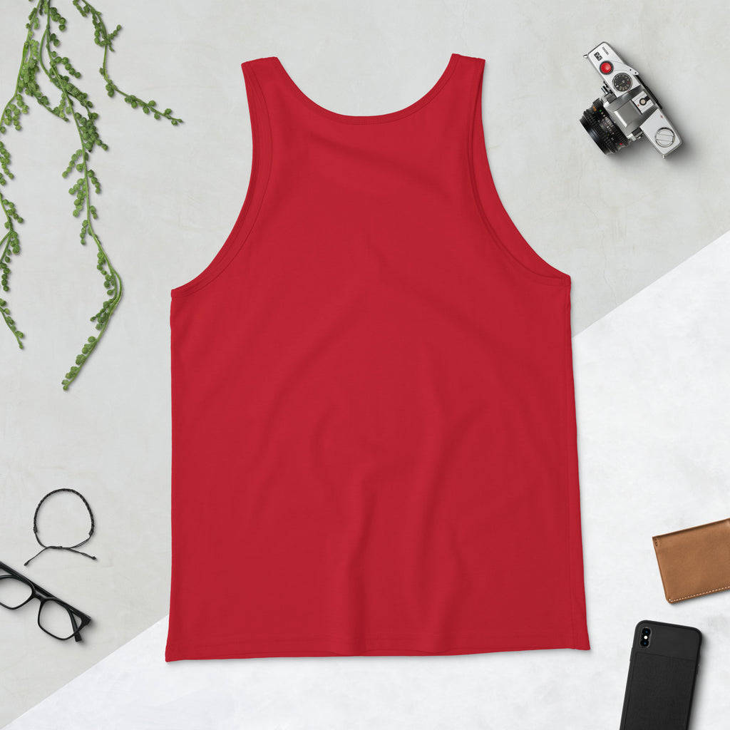 Red sleeveless tank top with wide round neckline