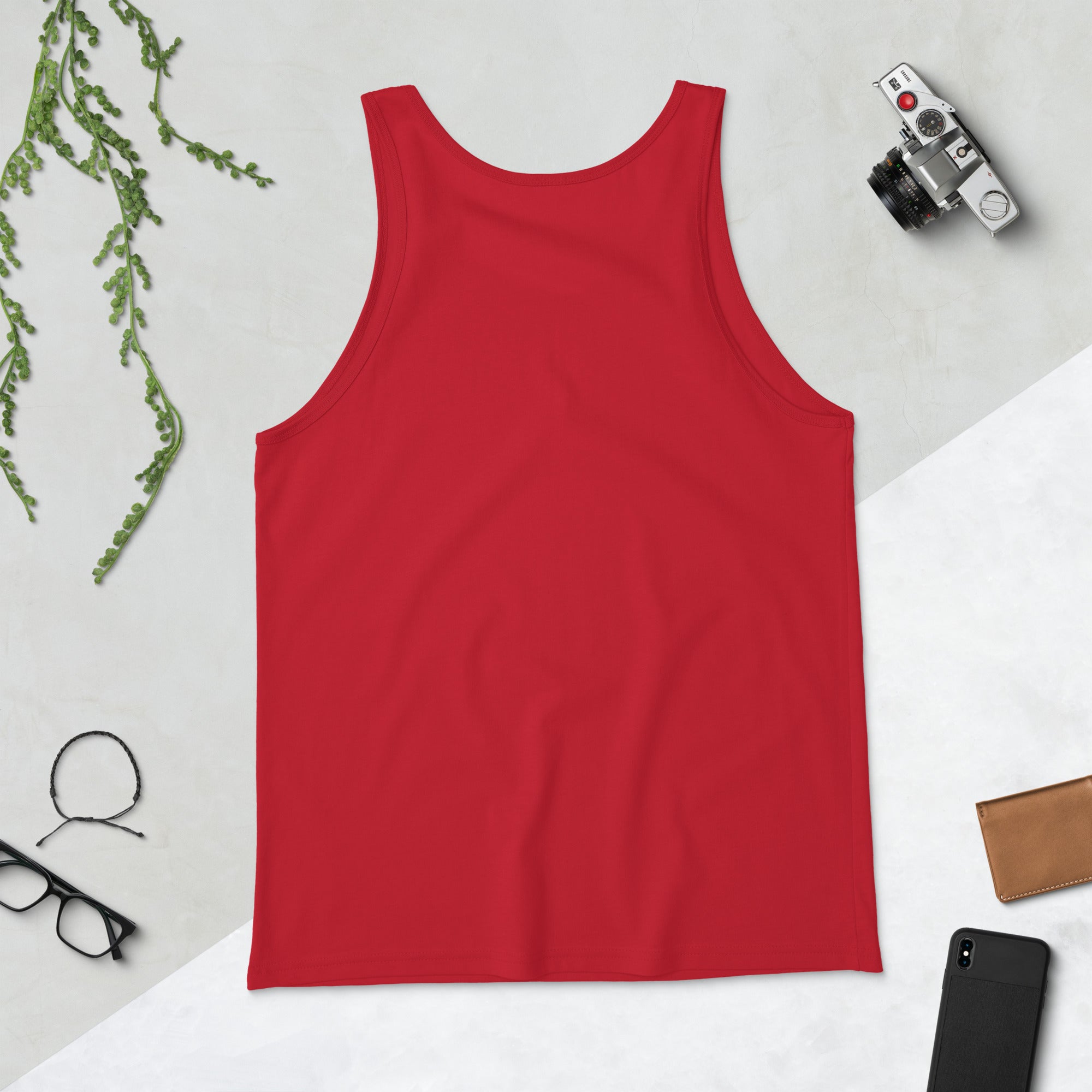 Red sleeveless tank top with wide round neckline