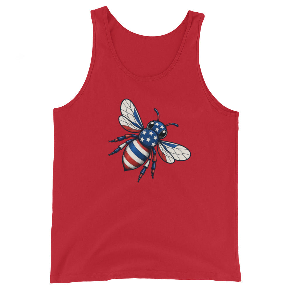 American Bee tank top in red with scoop neck and patriotic bee graphic