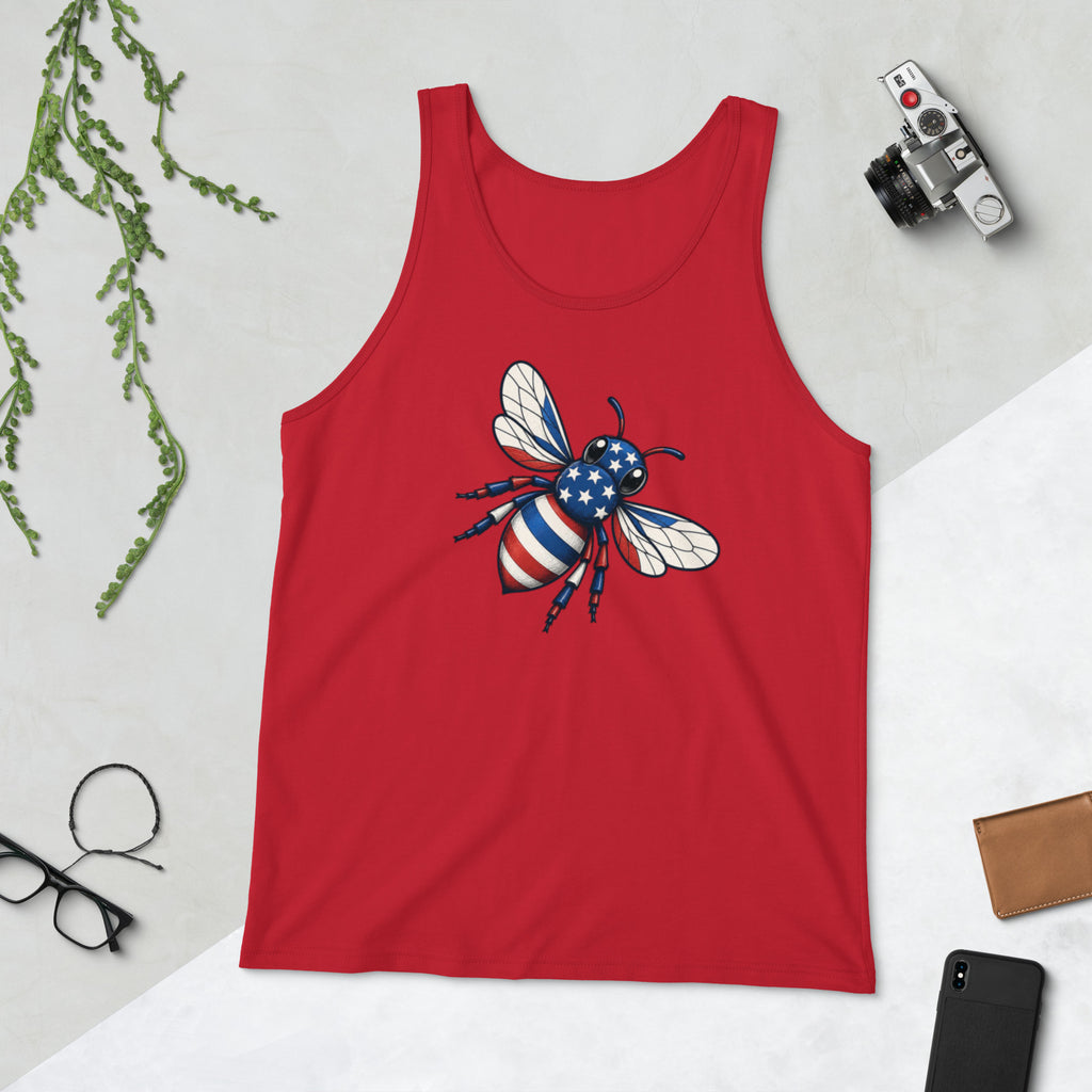 Red sleeveless tank top with scoop neck and American flag bee graphic