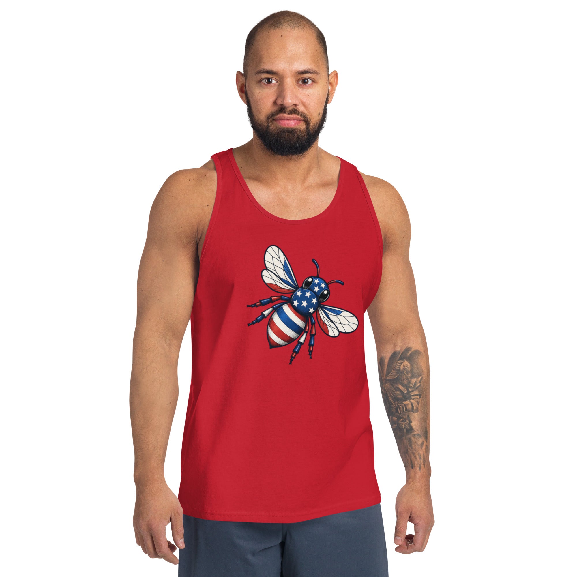 Red tank top with patriotic bee graphic on the front