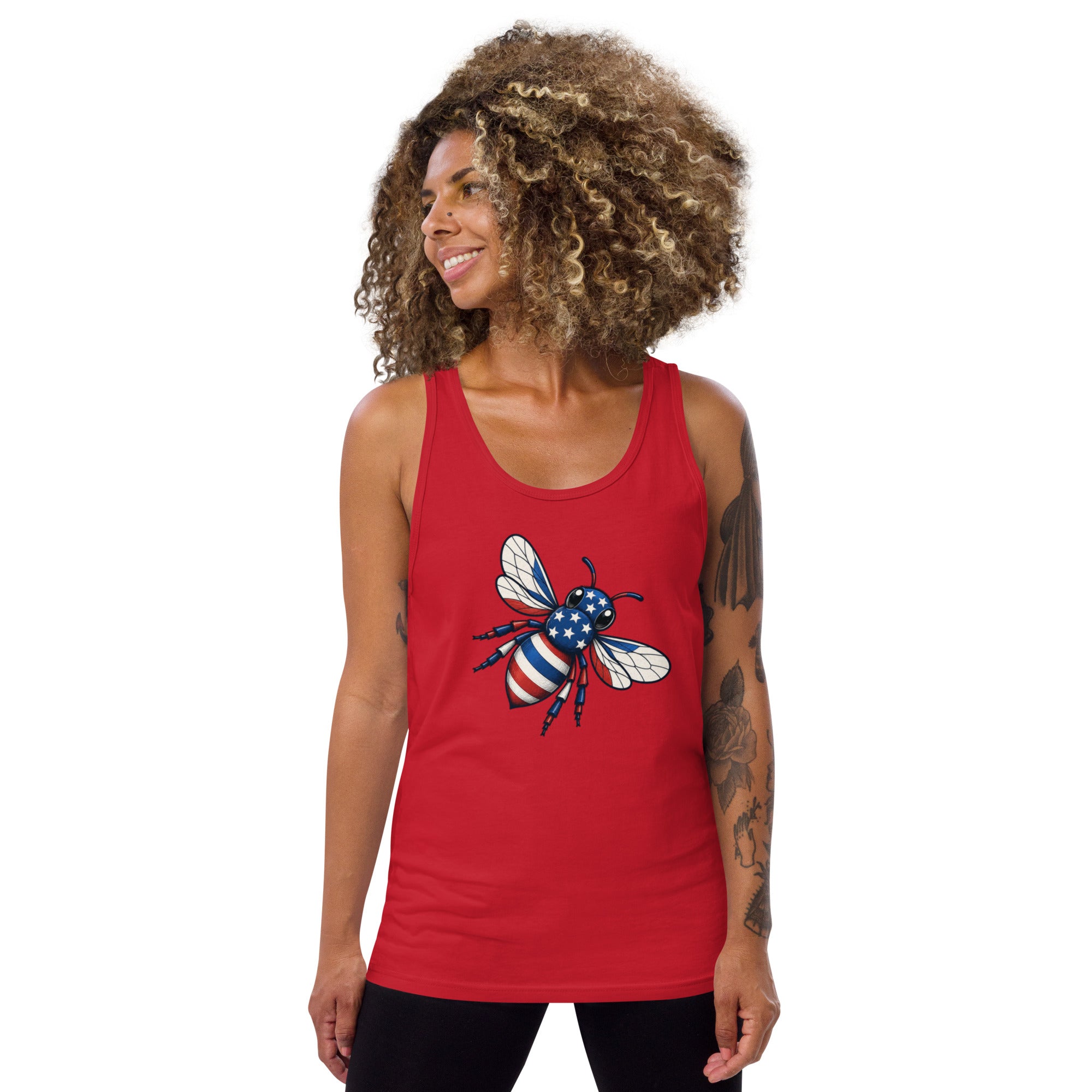 American Bee tank top in red with scoop neck and patriotic bee graphic
