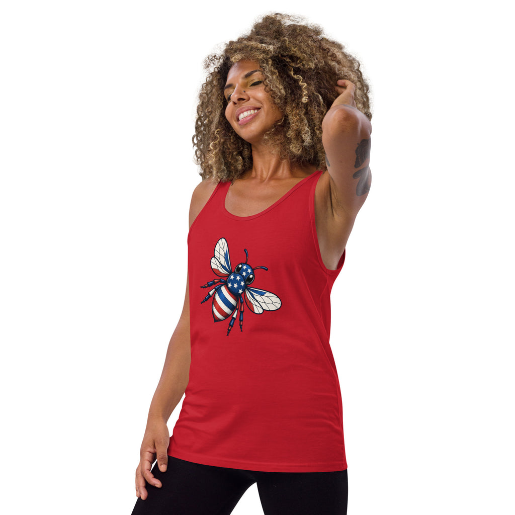 Red sleeveless tank top with American flag bee graphic at center chest