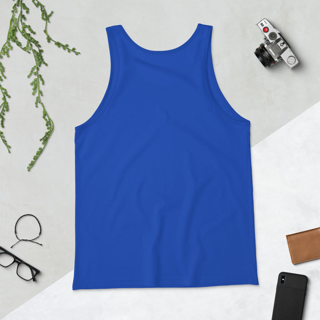Blue sleeveless tank top with wide round neckline