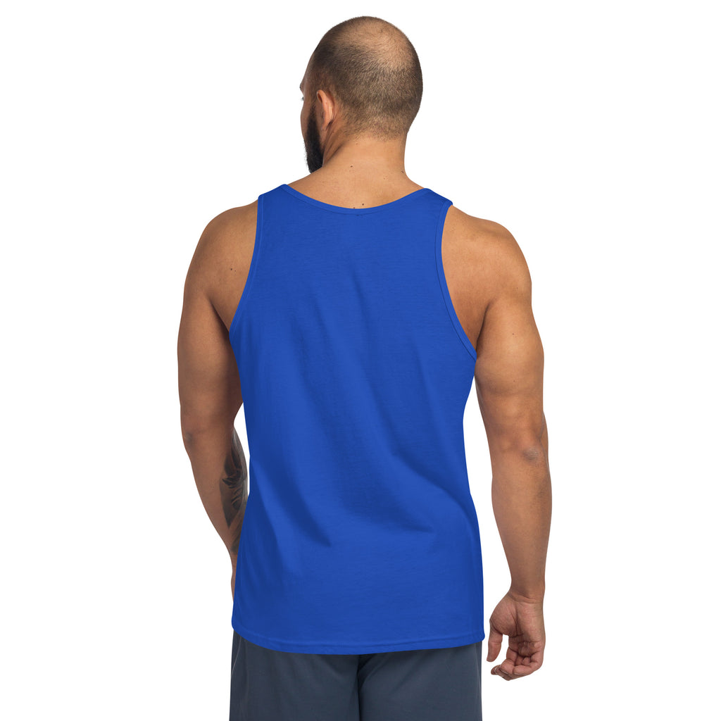 American Bee tank top, royal blue, racerback style, back view