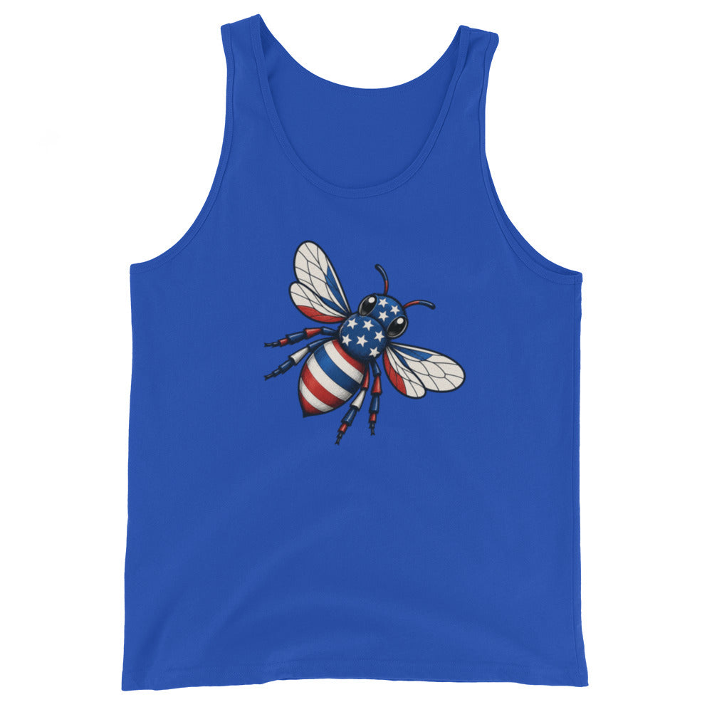 American Bee tank top in true royal blue with scoop neck and patriotic bee graphic