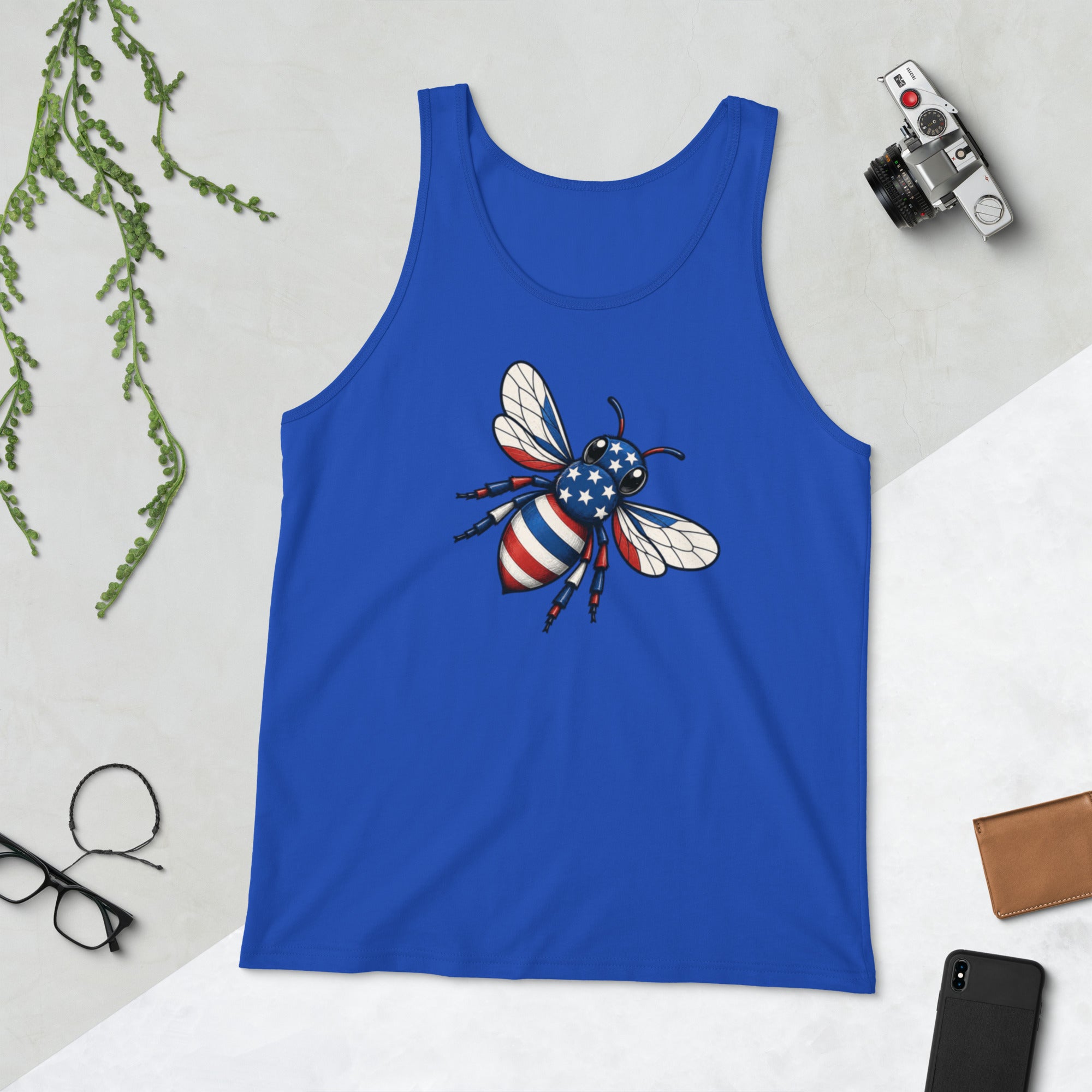 Blue sleeveless tank top with scoop neck and American flag bee graphic