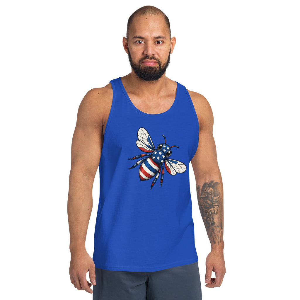 Royal blue tank top with patriotic bee graphic on the front