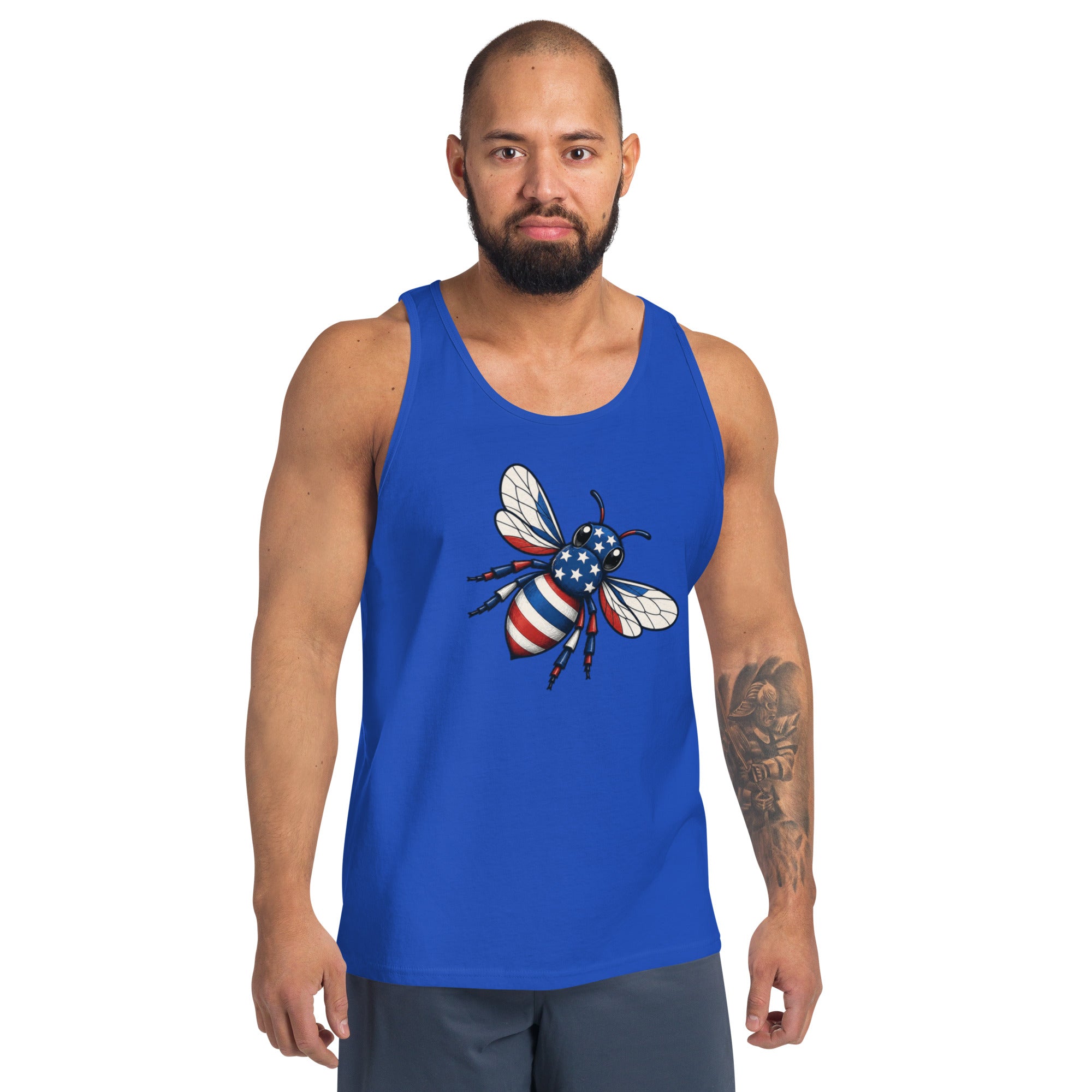 Royal blue tank top with patriotic bee graphic on the front