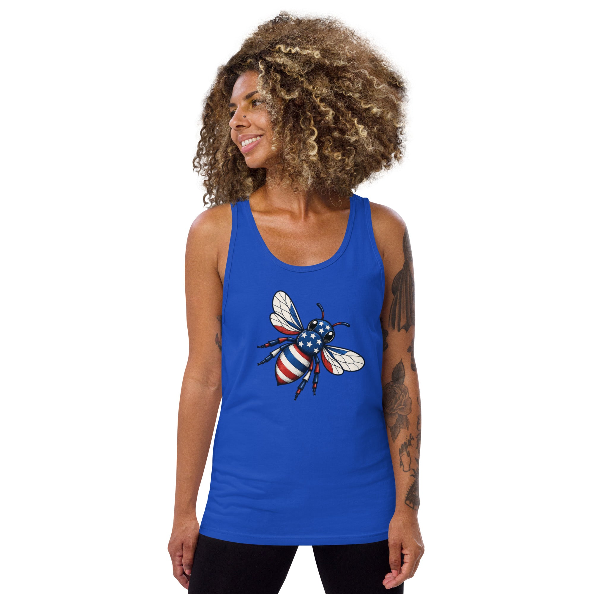 American Bee tank top, royal blue, front graphic with bee and flag details