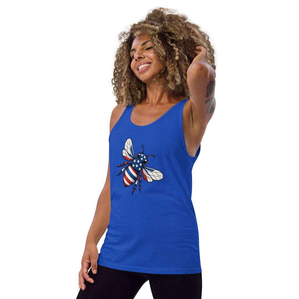 Blue sleeveless tank top with American flag bee graphic at center chest