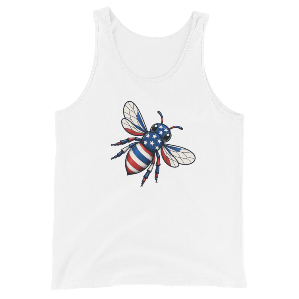 American Bee tank top in white with scoop neck and patriotic bee graphic