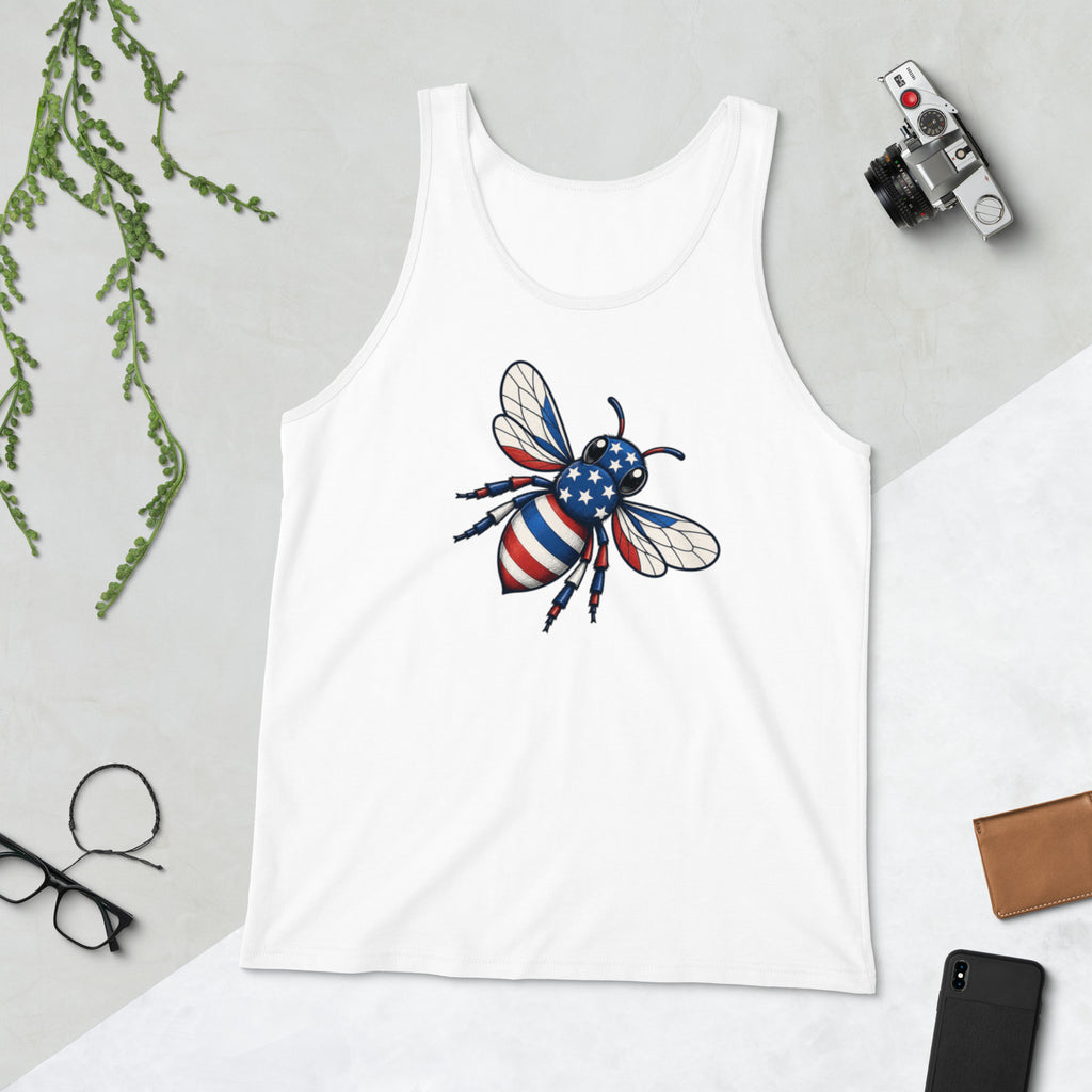 White sleeveless tank top with scoop neck and American flag bee graphic