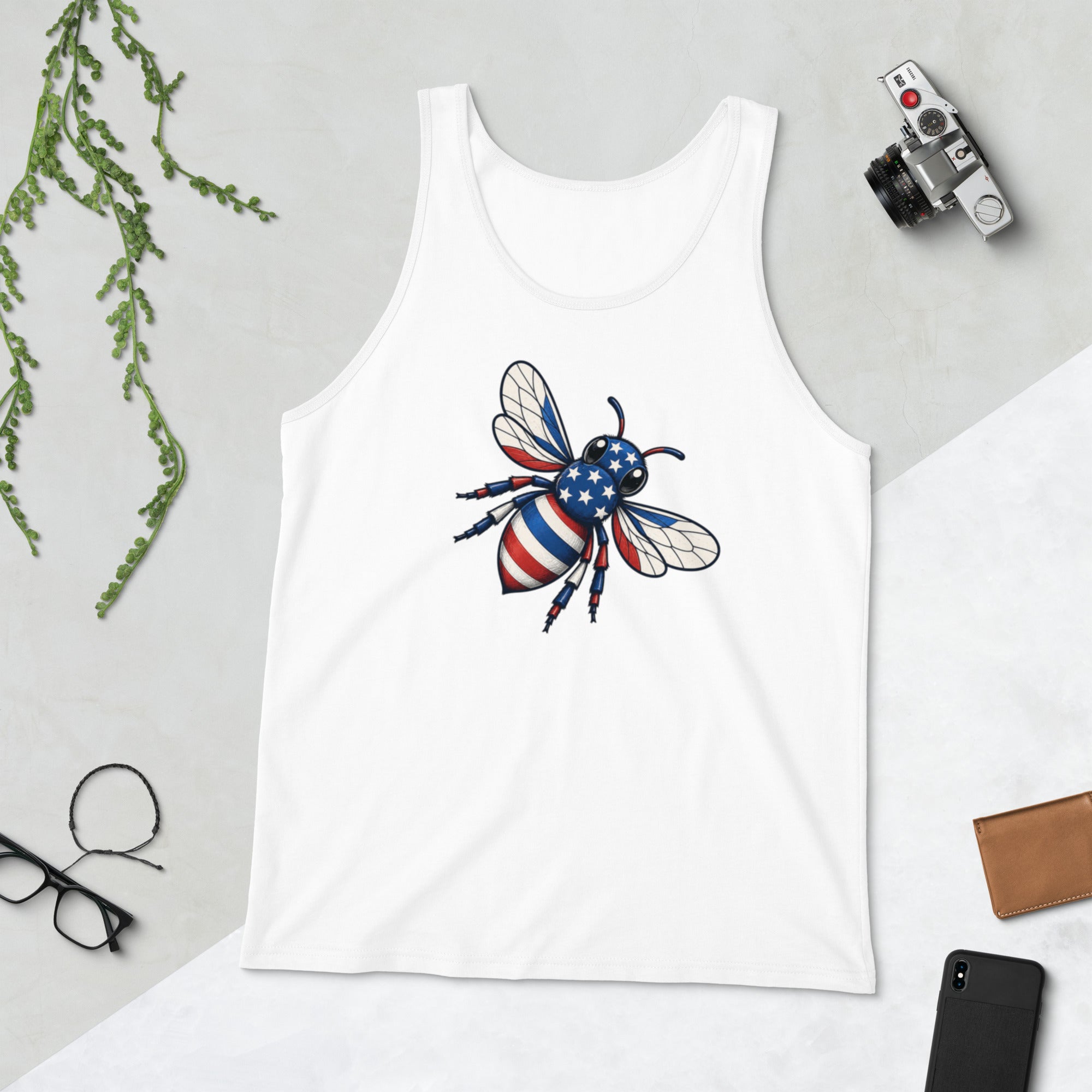 White sleeveless tank top with scoop neck and American flag bee graphic