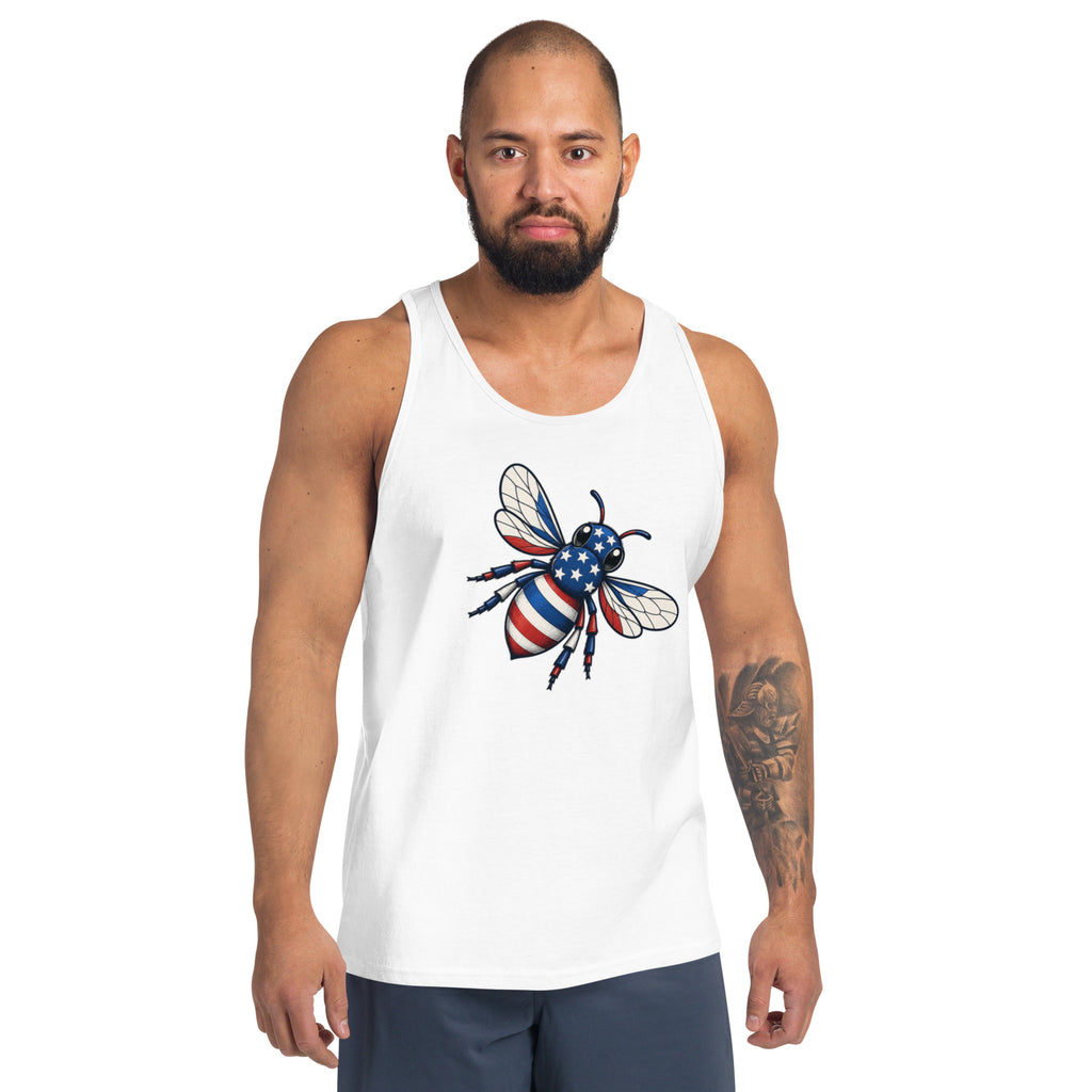 White tank top with patriotic bee graphic on the front