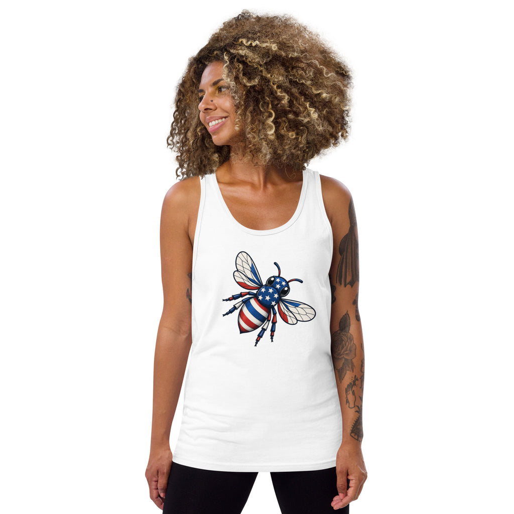 American Bee tank top, white, front graphic with bee and flag details