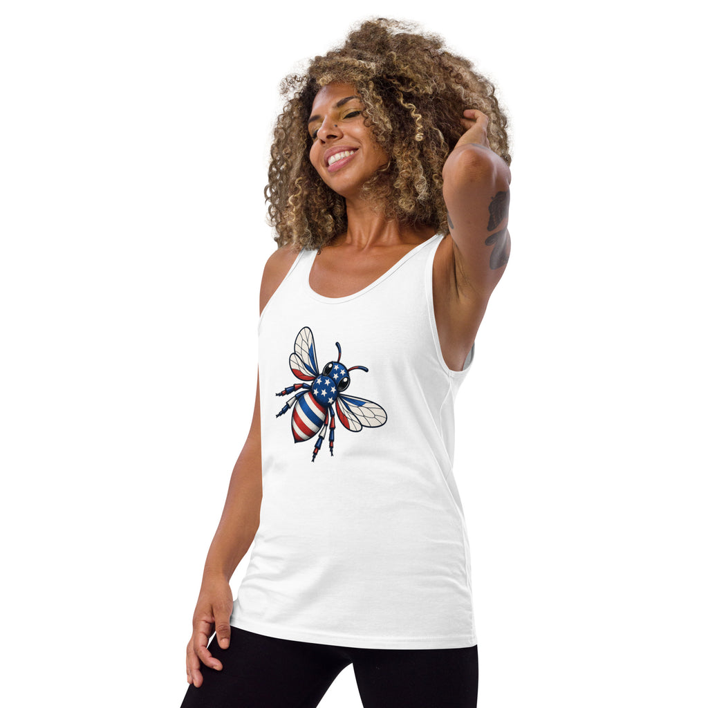 White sleeveless tank top with scoop neck and American flag bee graphic