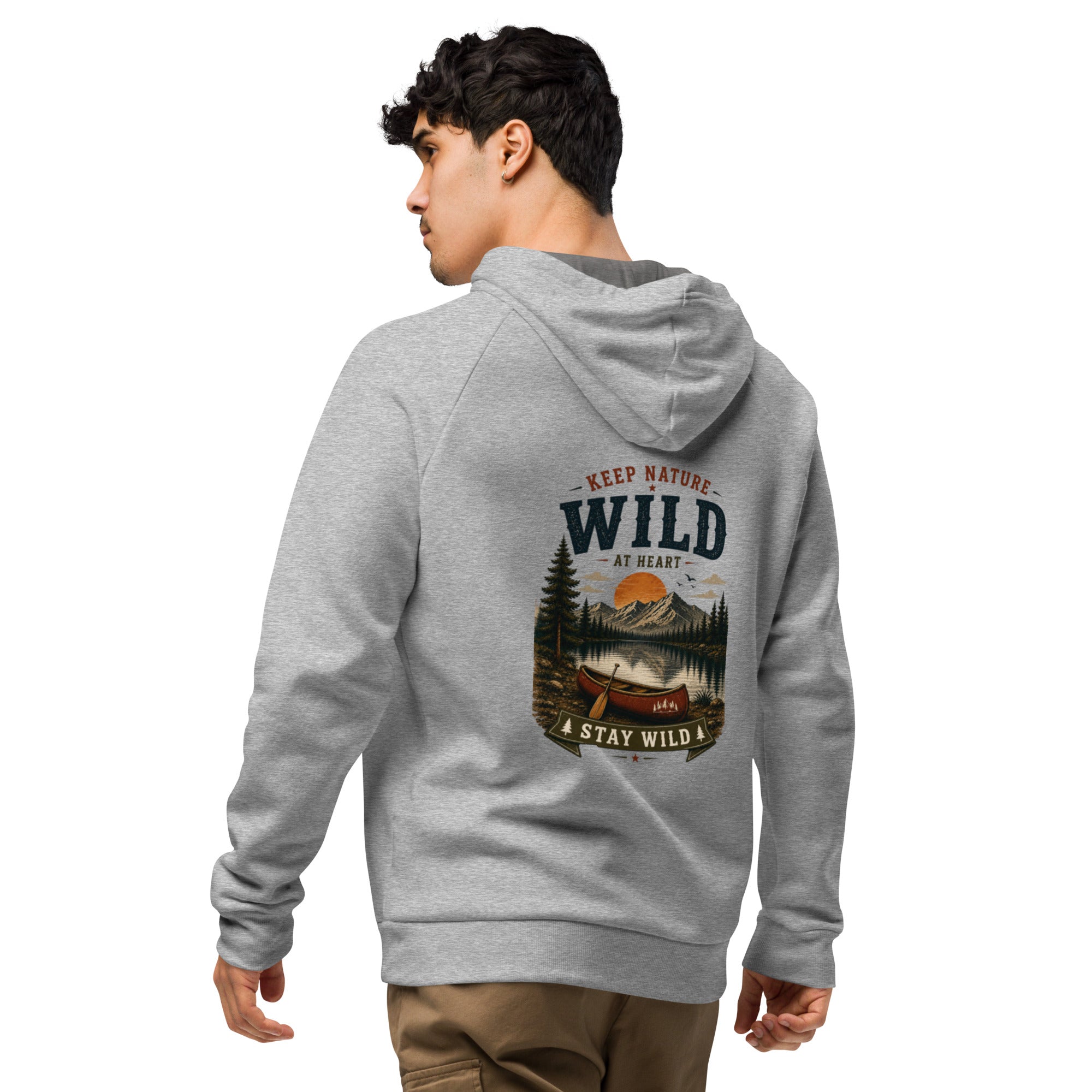 Under Armour grey pullover hoodie, back view with Wild nature scene graphic