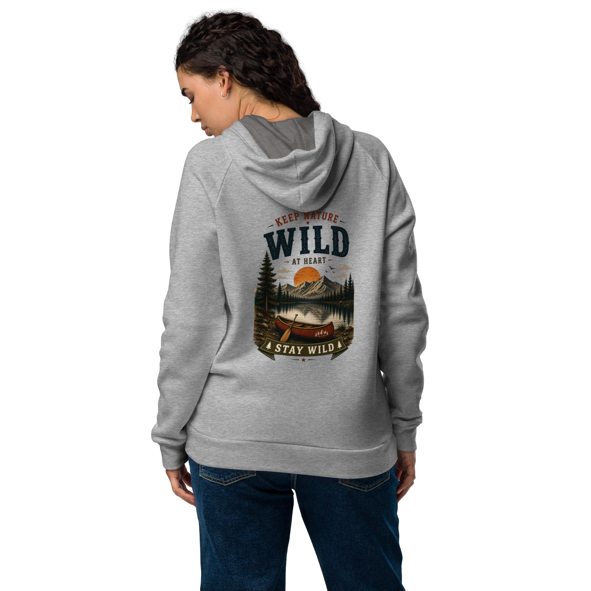 Under Armour grey pullover hoodie, back view with Stay Wild nature scene graphic