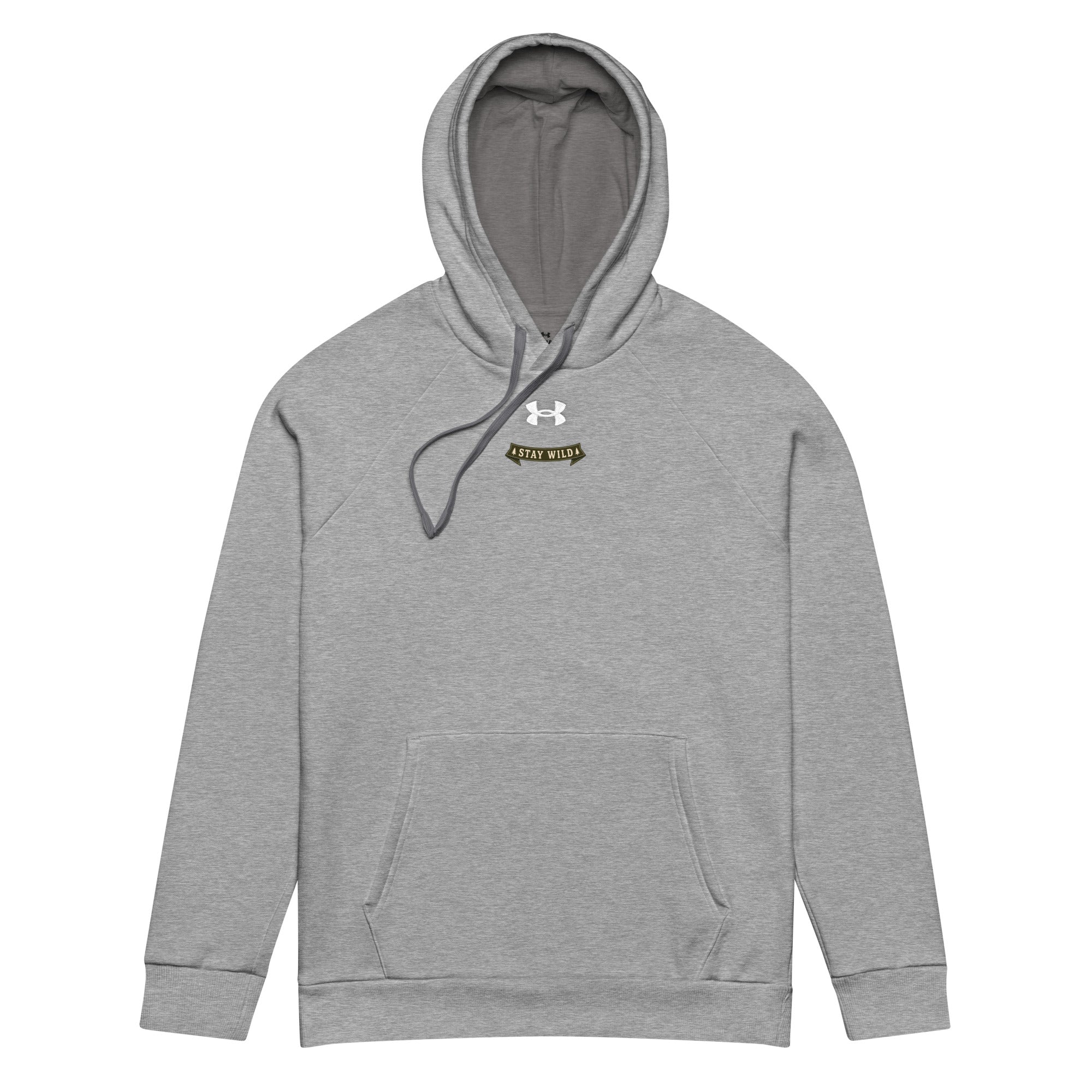 Under Armour grey pullover hoodie with chest logo and small Stay Wild graphic