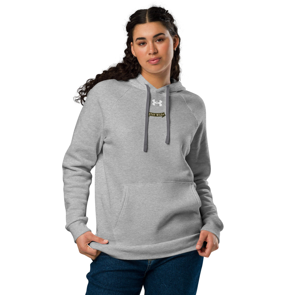 Under Armour grey pullover hoodie on model with front logo and kangaroo pocket