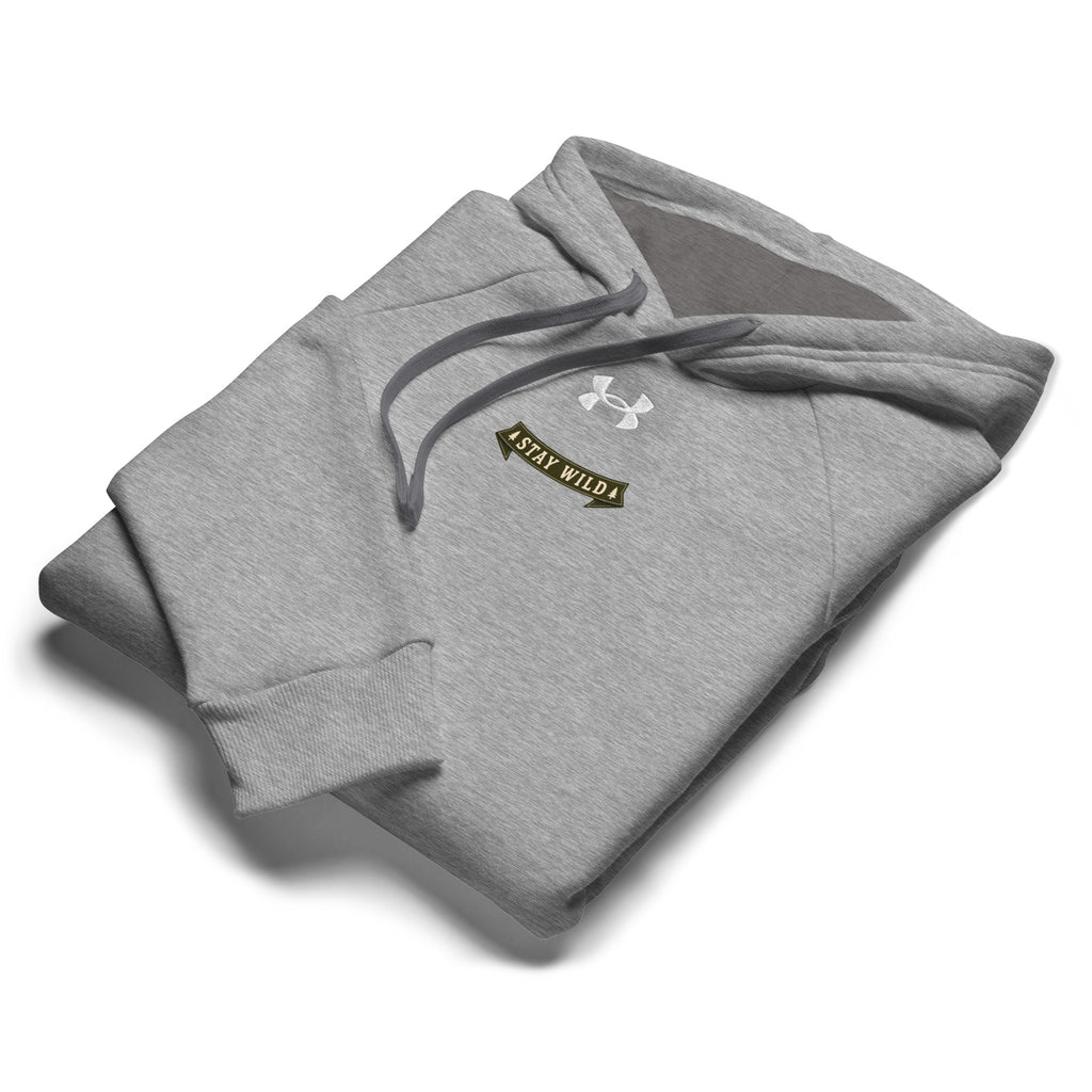 Folded Under Armour grey pullover hoodie with Stay Wild chest graphic
