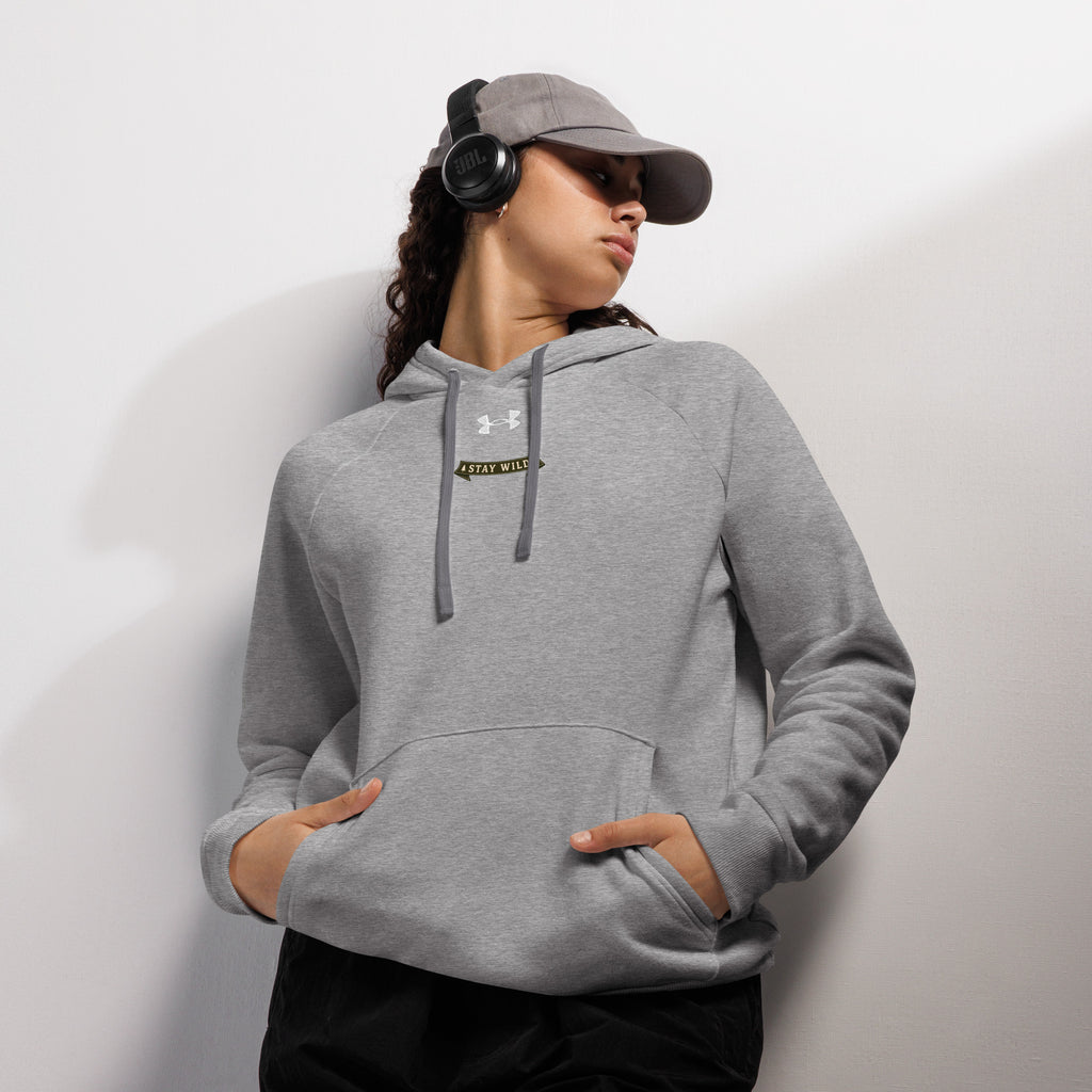Gray Under Armour hoodie with front pocket, hood, and drawstring tips