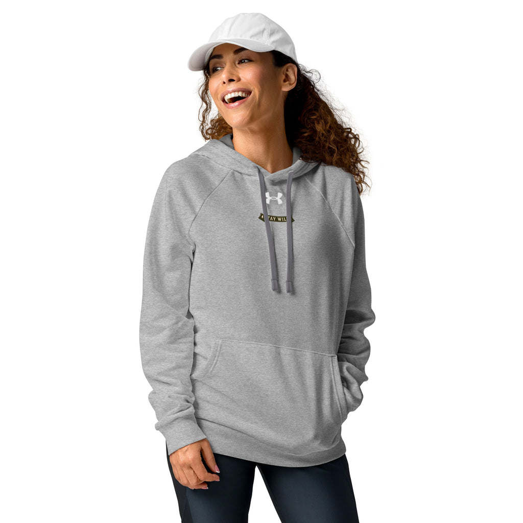 Under Armour grey pullover hoodie on model with chest logo and drawstring hood
