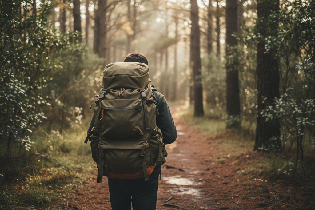 Olive hiking backpack worn from behind with shoulder straps and side attachment points