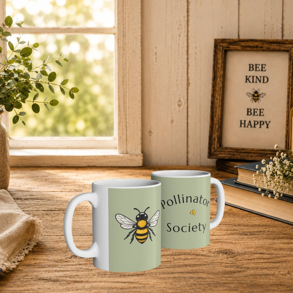 Set of two green ceramic bee mugs with bee illustrations and Pollinator Society text