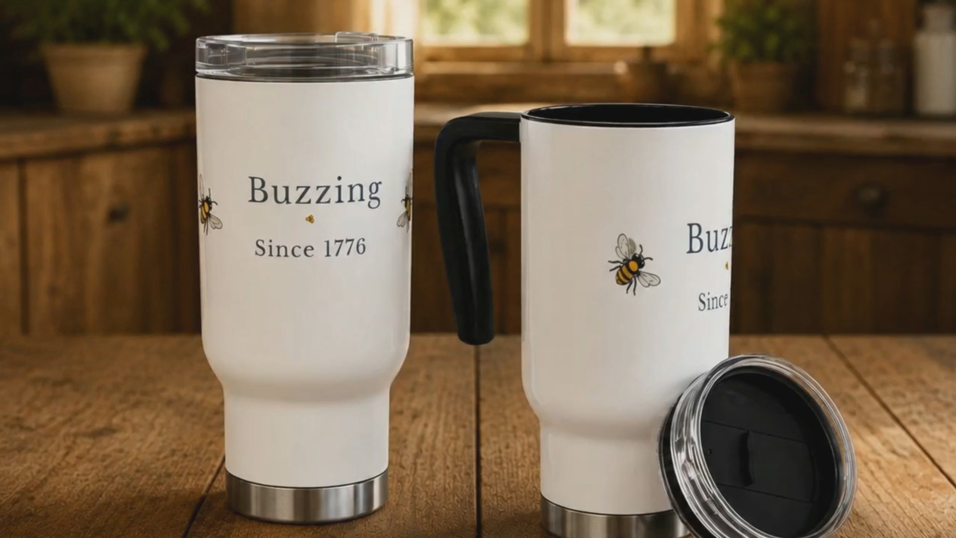Buzzing Since 1776 Travel Mug | Bee Illustration, 14oz Stainless Steel