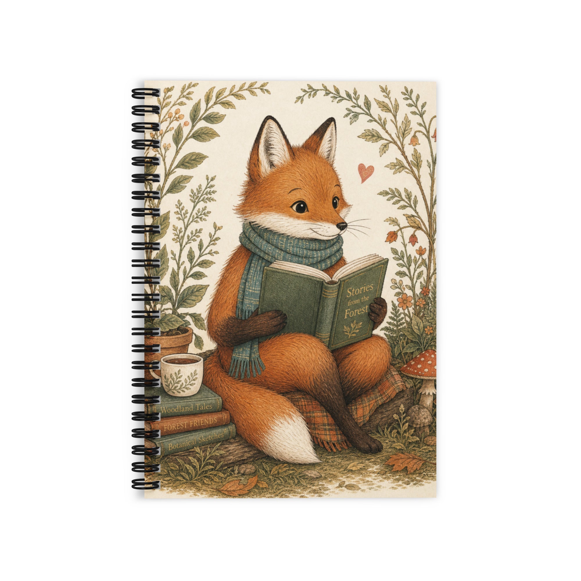 Ruled line spiral notebook with fox reading a book and leafy border
