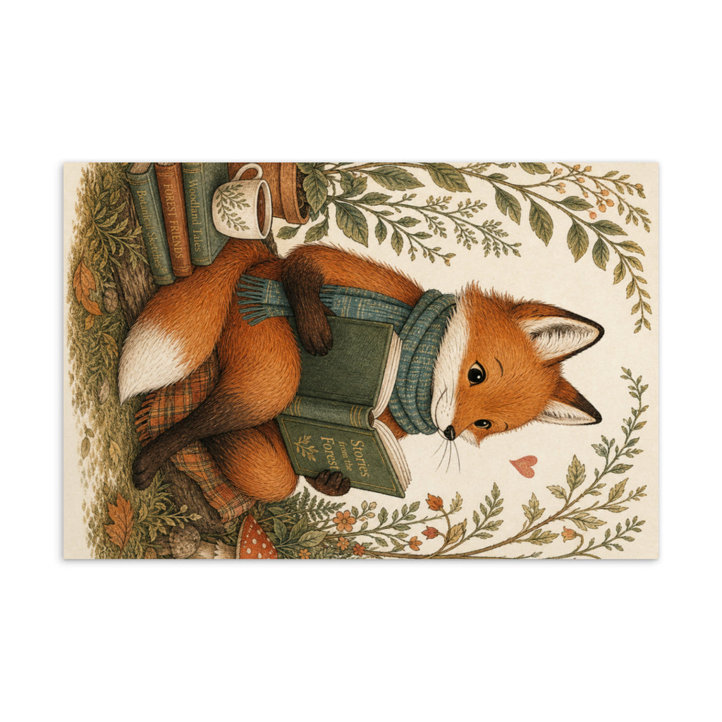 Whimsical woodland fox postcard with fox carrying books and a green satchel, framed by leaves