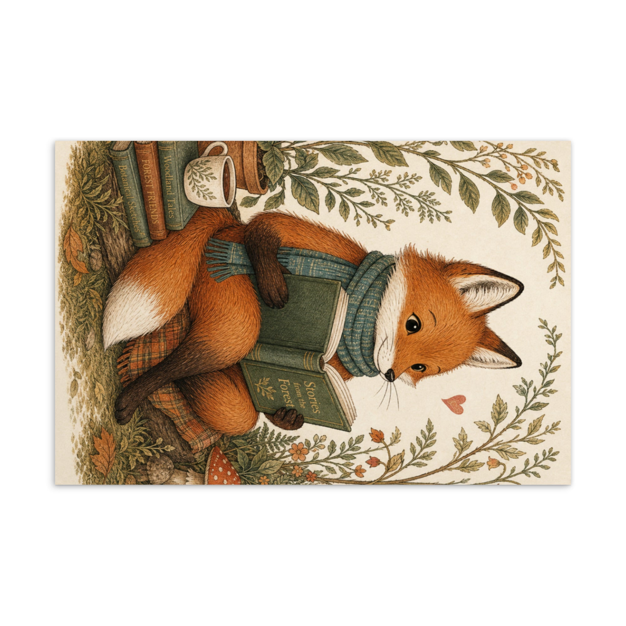 Whimsical woodland fox postcard with fox carrying books and a green satchel, framed by leaves