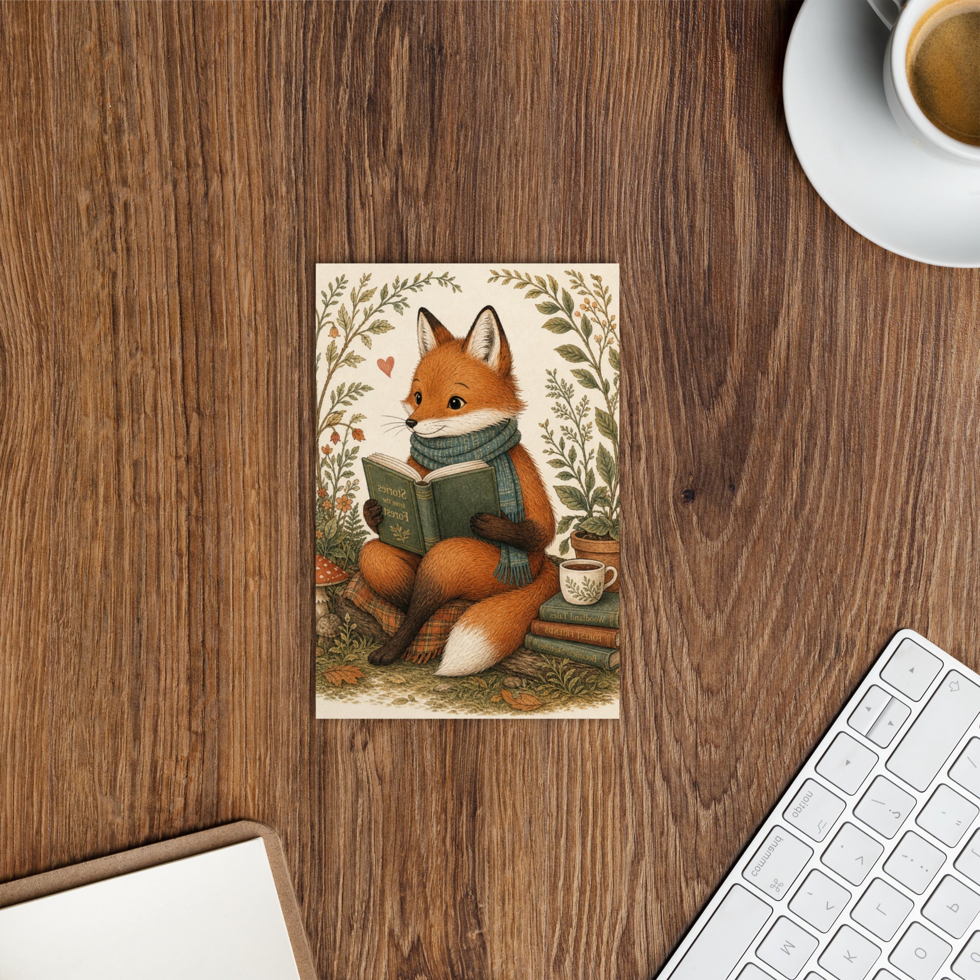 Woodland fox postcard featuring a fox holding a green satchel among leaf branches