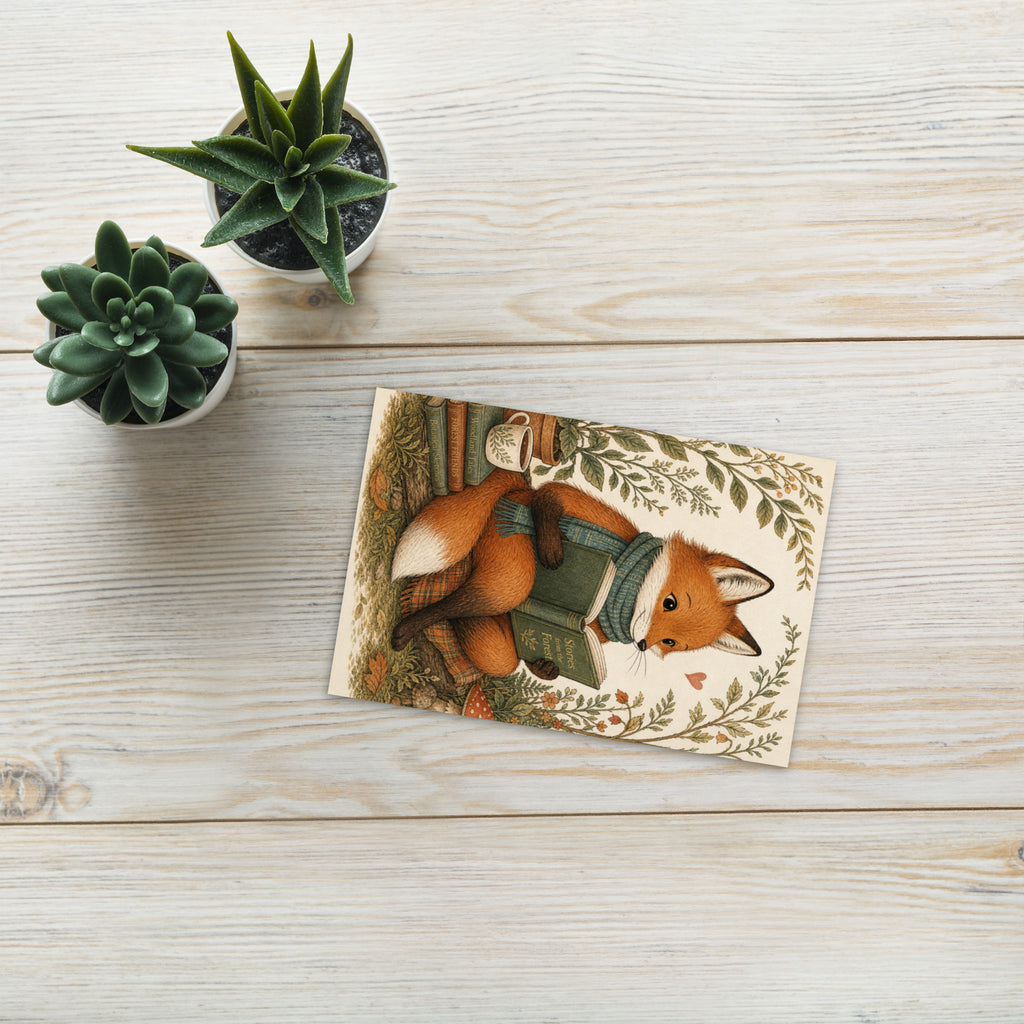 Whimsical woodland fox postcard lying flat, fox with green satchel and leafy border