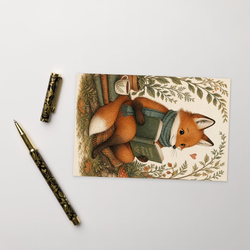 Woodland fox postcard with fox carrying a green satchel and books, framed by foliage