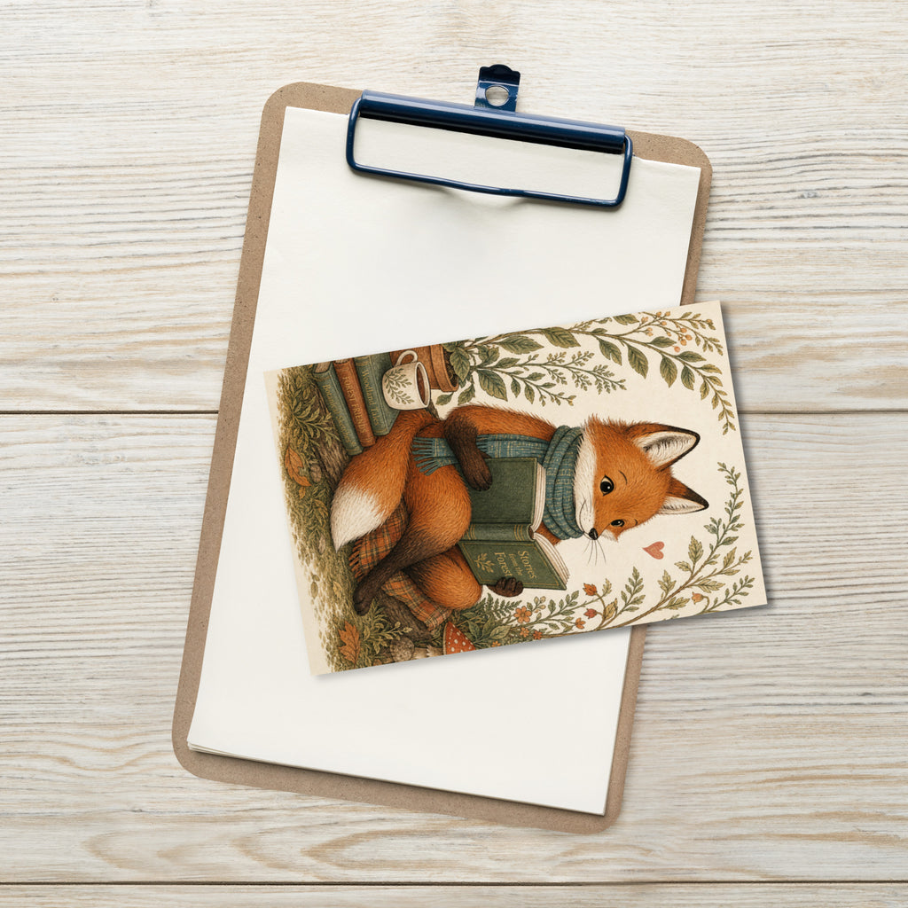 Woodland fox postcard on a clipboard, fox holding a green satchel with leafy decorations