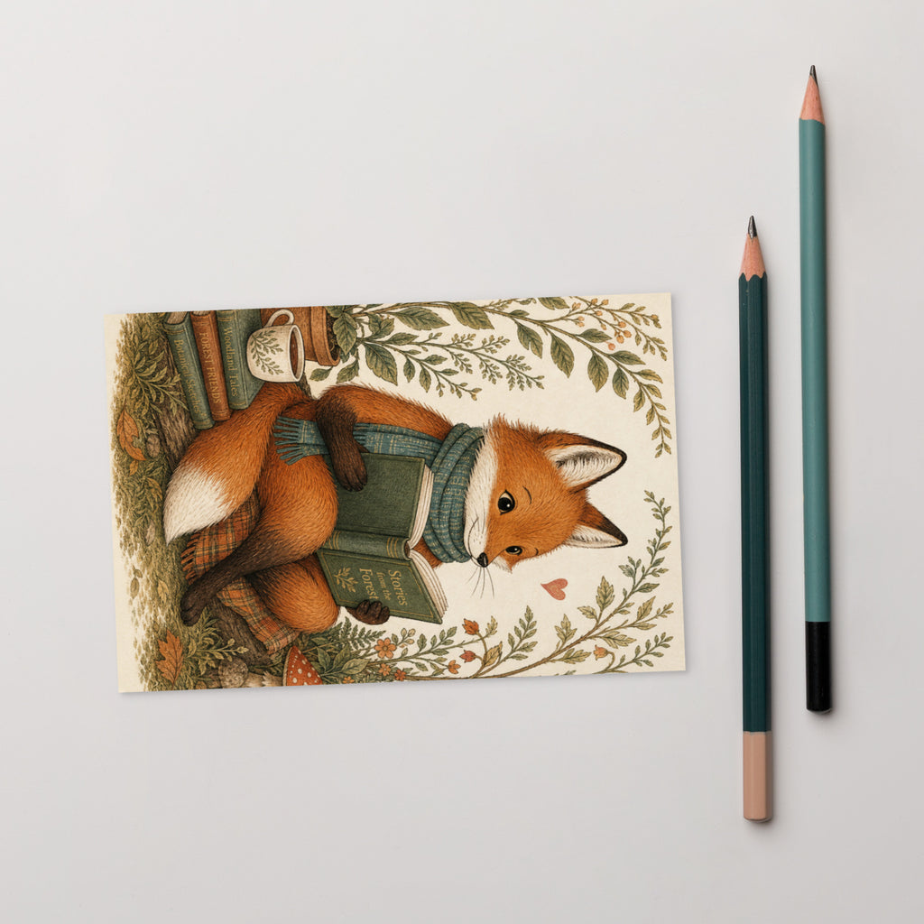 Whimsical woodland fox postcard with fox and green satchel, surrounded by leaf branches