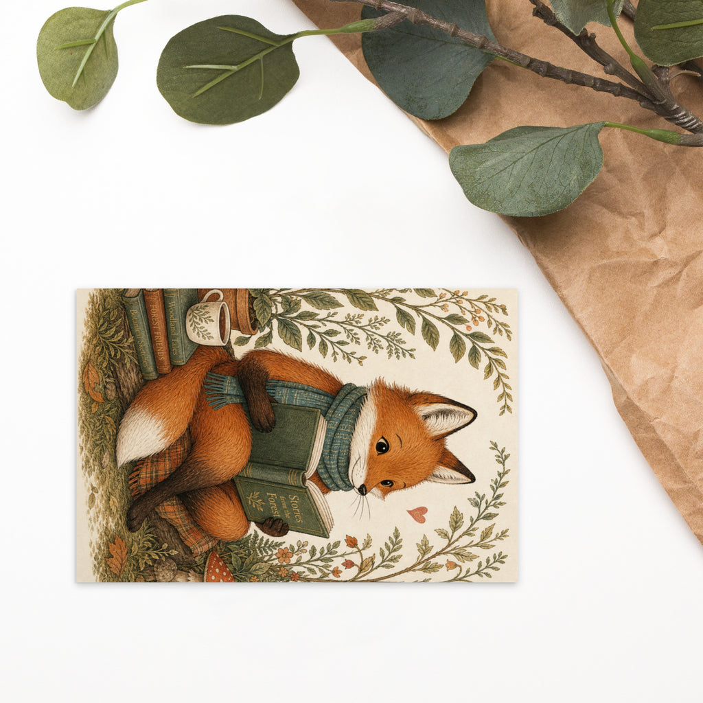 Woodland fox postcard with fox and green satchel near a branch and leaf illustration