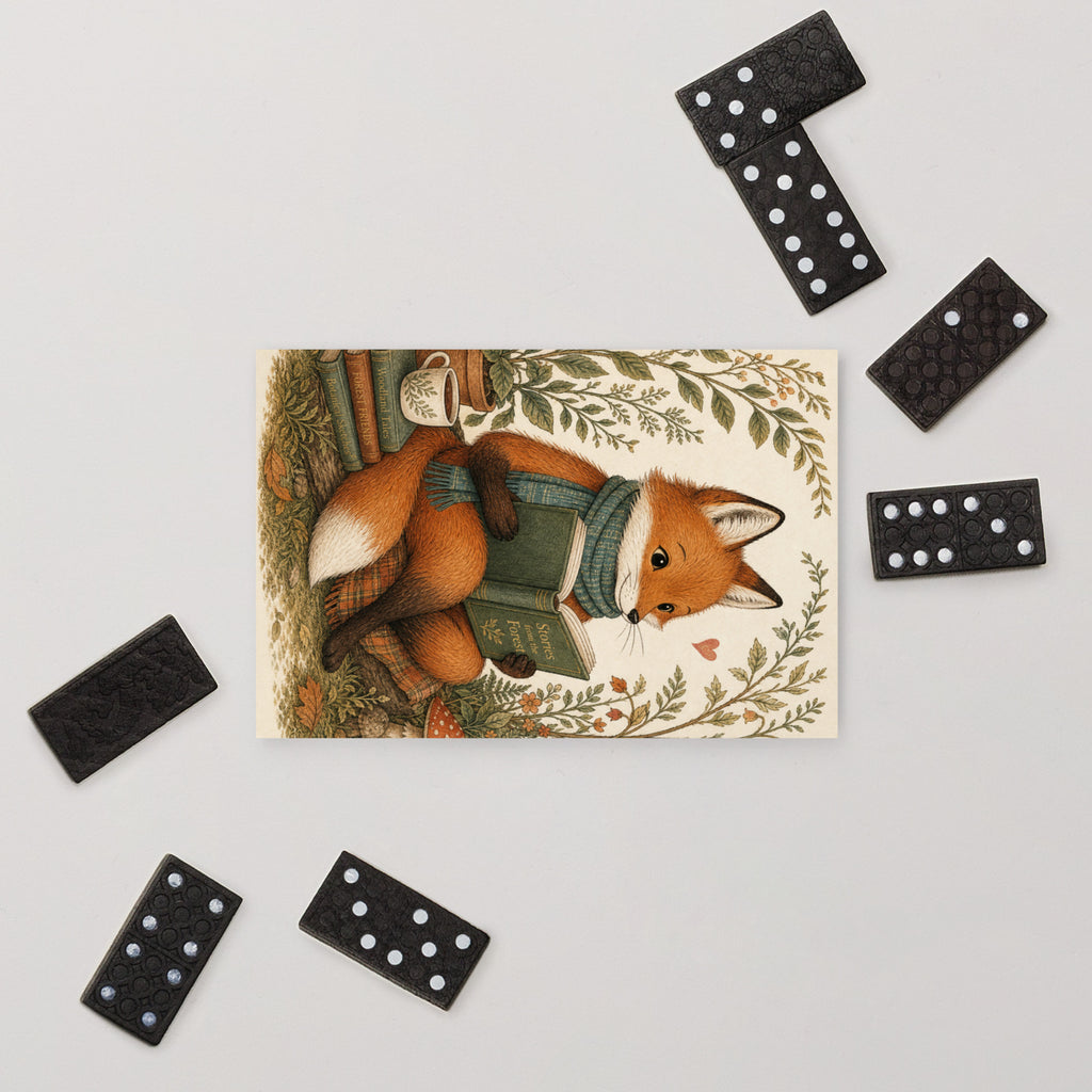 Woodland fox postcard featuring a fox with green satchel and books, bordered by leaves