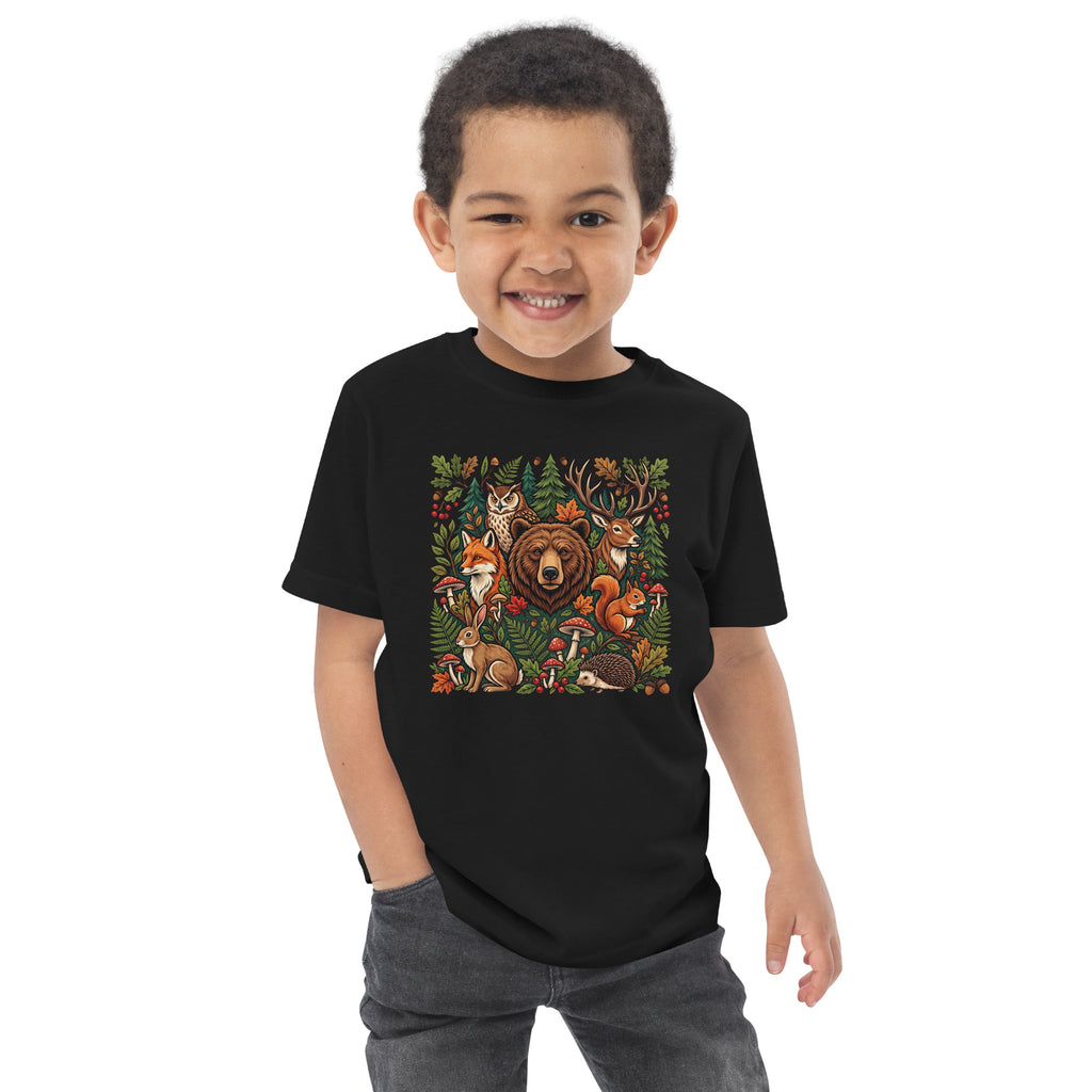 Black toddler jersey T-shirt with woodland animal graphic on front