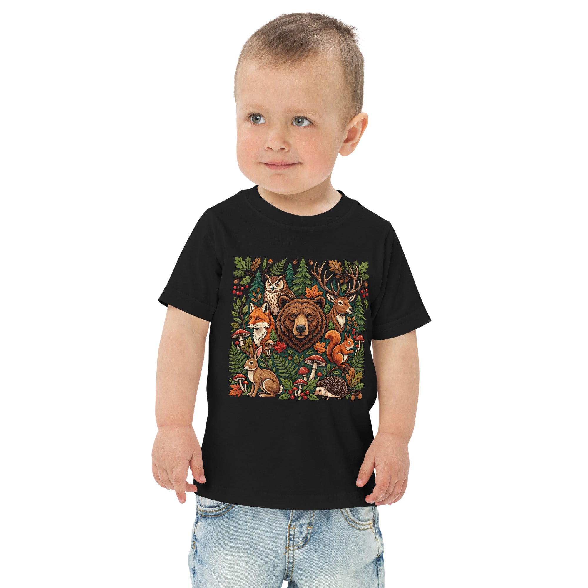 Toddler jersey T-shirt in black with woodland wildlife animal graphic